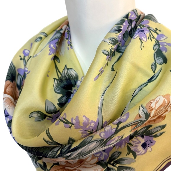 Vintage Hand Rolled Silk Scarf – Yellow Floral with Peach & Lavender Flowers - Picture 5 of 9
